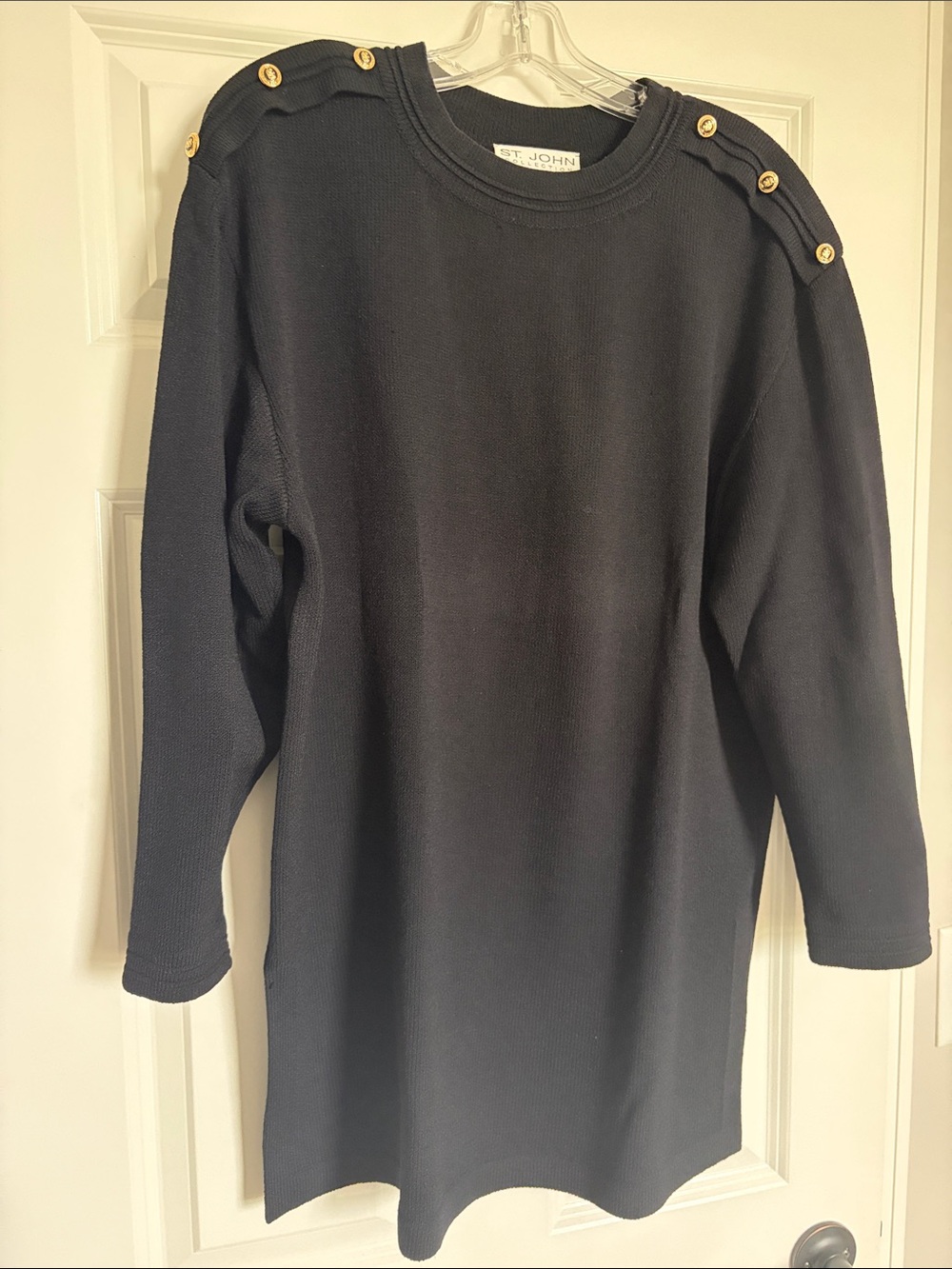 St. John Black Knit Shoulder-Button Tunic Dress